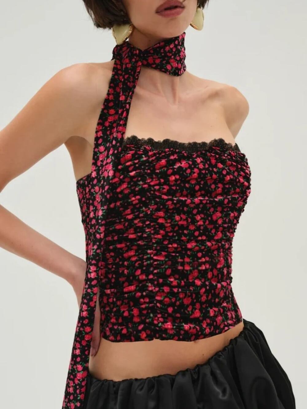 For Love & Lemons Berry Bud Velvet Floral Bustier Top Size Small